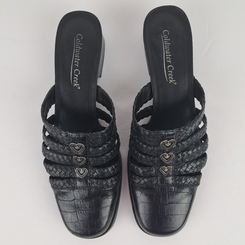 Coldwater Creek Black Leather Braided Moc Croc Mules Size 8 - Picture 2 of 15